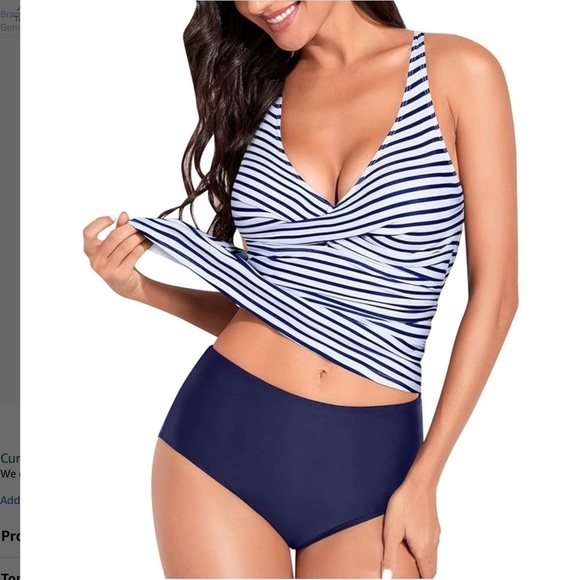 Cupshe Women's Halter Tankini Navy Stripe Swimsuit NWT Size XL - Picture 2 of 3